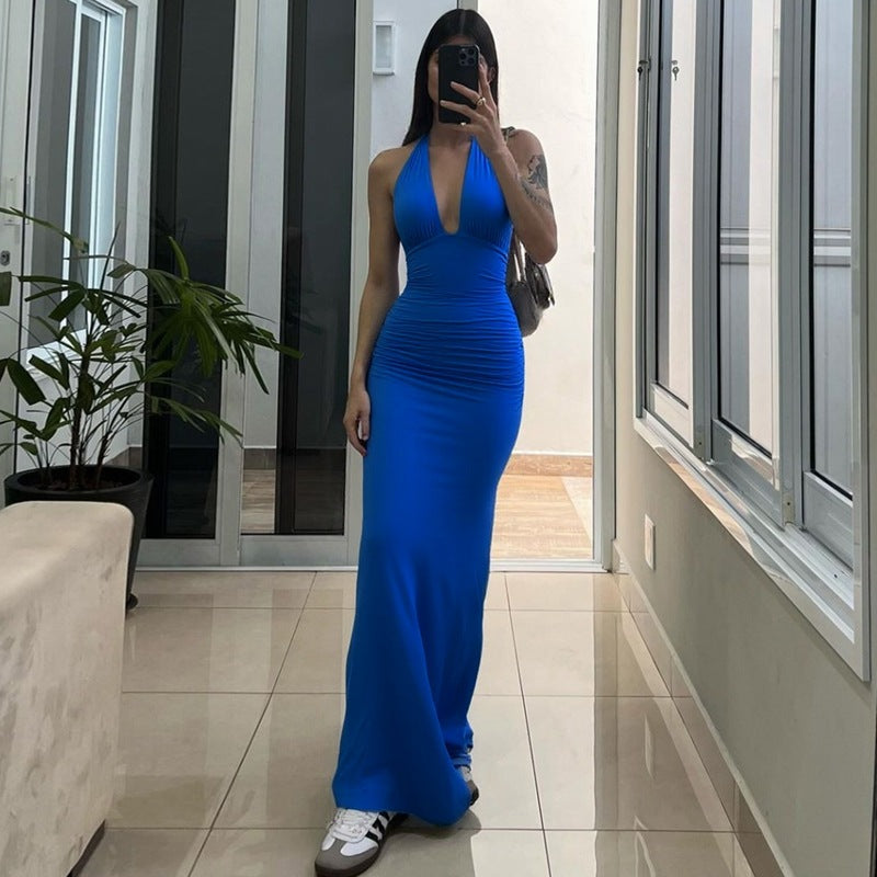 Solid Color Sleeveless V-neck Halter Backless Dress