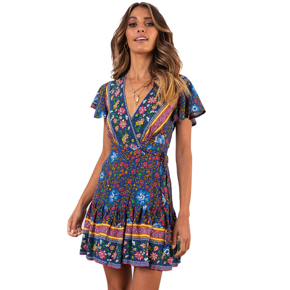Summer V-neck sexy bohemian print dress skirt women