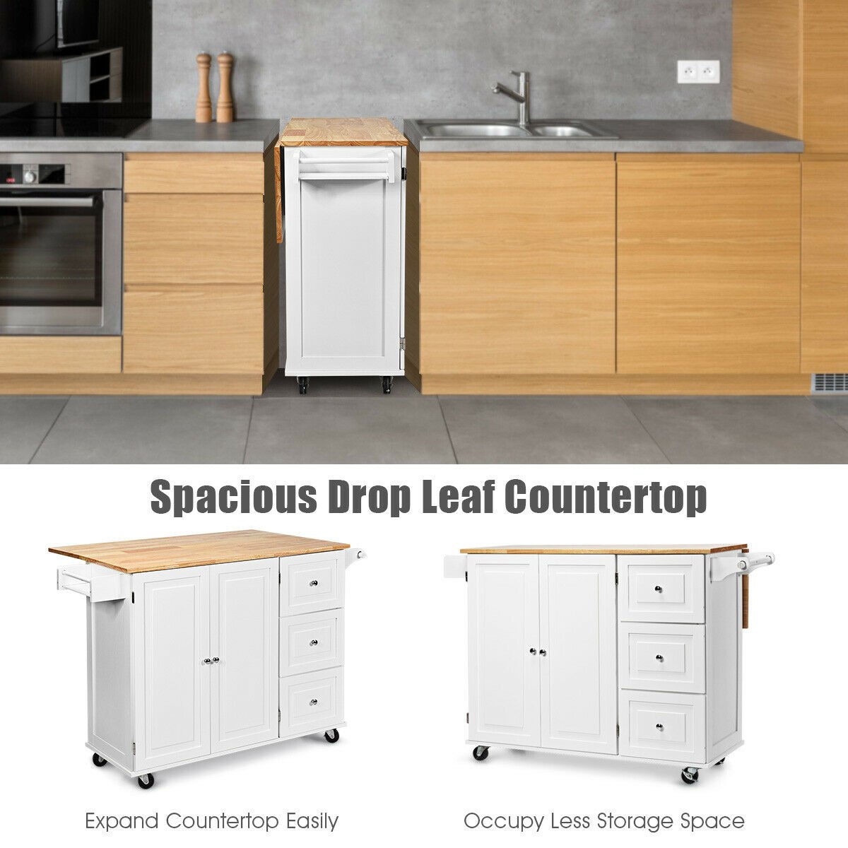 Kitchen Island Trolley with 3 Drawers and 2-door Cabinet-Brown