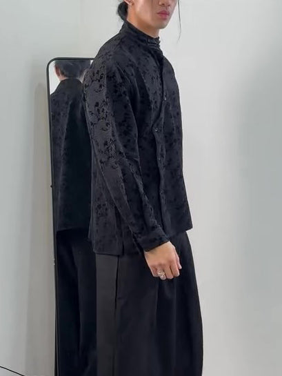 Black Jacquard Mandarin Collar Top With Asymmetric Button Placket