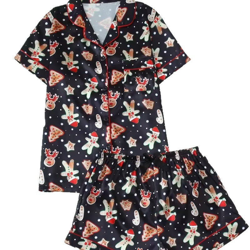 Cute Cartoon Pajama Set With A Turn-down Collar Short Sleeves
