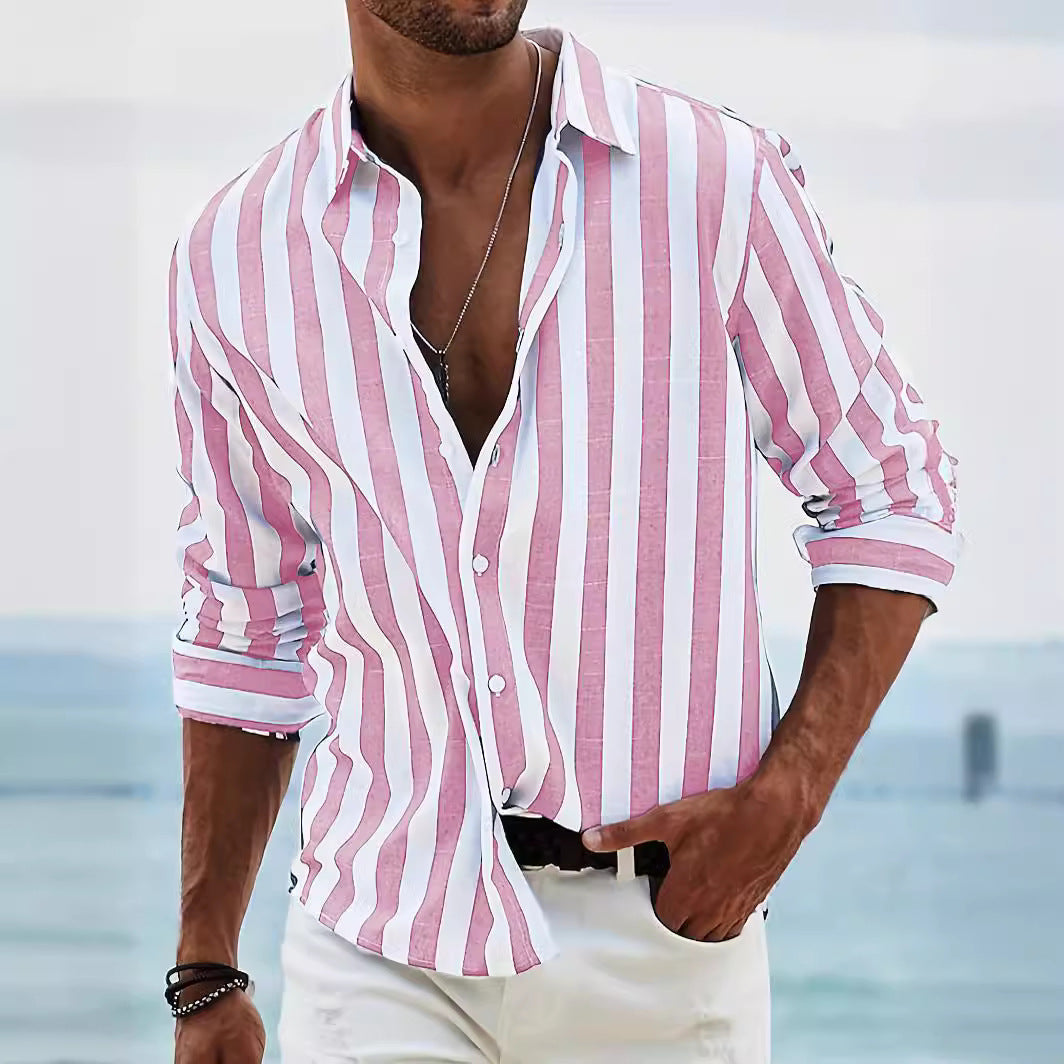 Striped Print Shirt Casual Loose Long-sleeved Shirt Men's Clothing