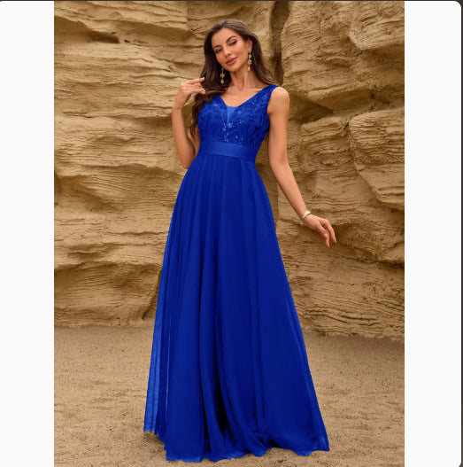 Patchwork Stretch Waist Sleeveless Double V-neck Evening Dress