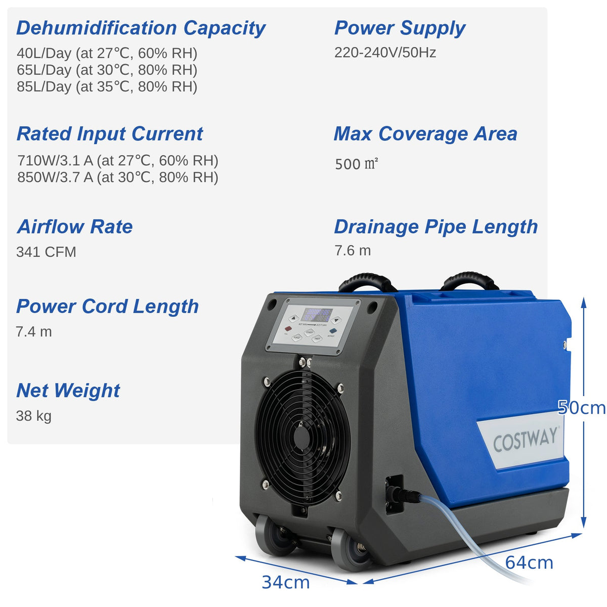 85L/Day Commercial Dehumidifier with Pump and 24H Timer-Blue