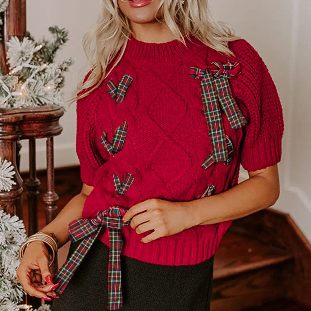 Fiery Red Plaid Lace Up Detail Christmas Holiday Puff Short Sleeve Sweater