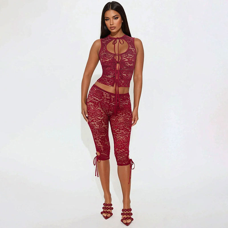 Lace-spliced Lace-up Backless Top And Shorts Set For Women