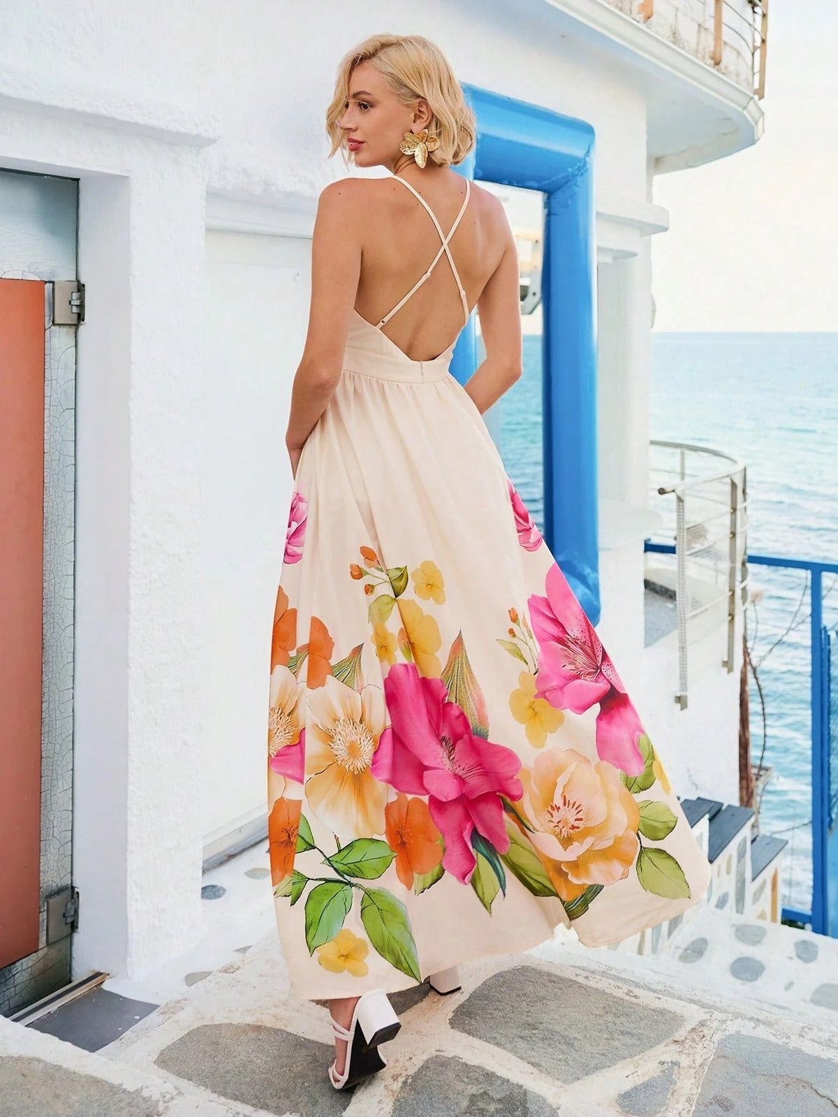 Women's Printed Deep V-neck Backless Dress