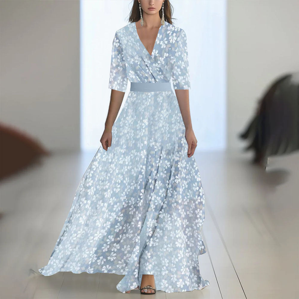 Printed Long Sleeved V-neck Patchwork Dress