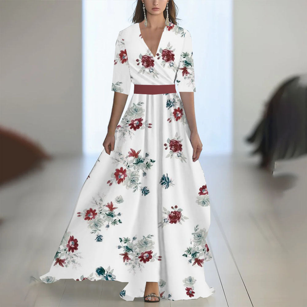 Printed Long Sleeved V-neck Patchwork Dress