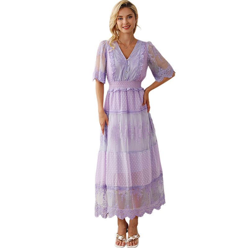 Lace V-neck Patchwork Dress Women