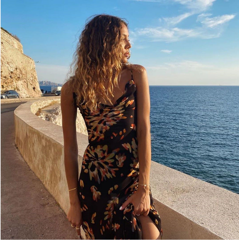 Summer New Fashion Sexy Printed Backless Sling Dress