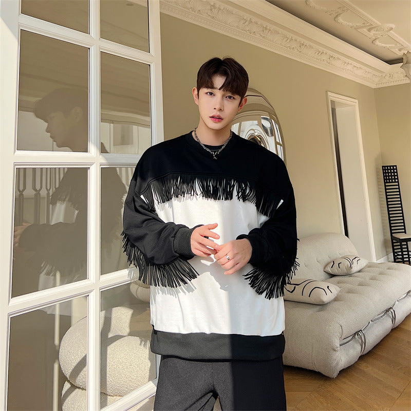 Black And White Contrast Round Neck Pullover