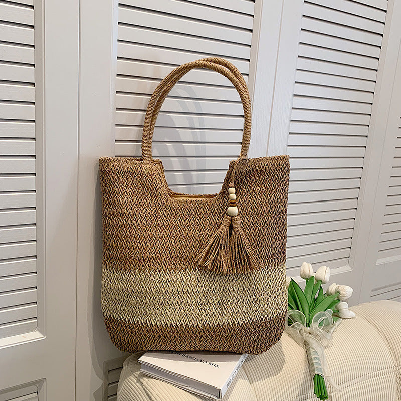 Women's Fashion Simple Tassel Decoration Shoulder Woven Bag