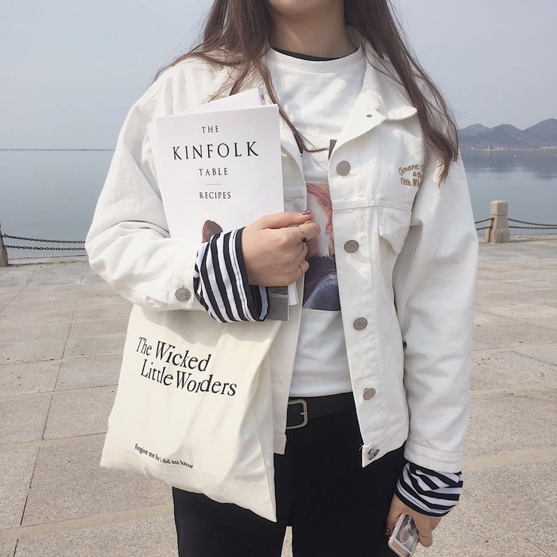 Canvas Bag Simple Japanese And Korean Letters Large Capacity Shoulder Bag