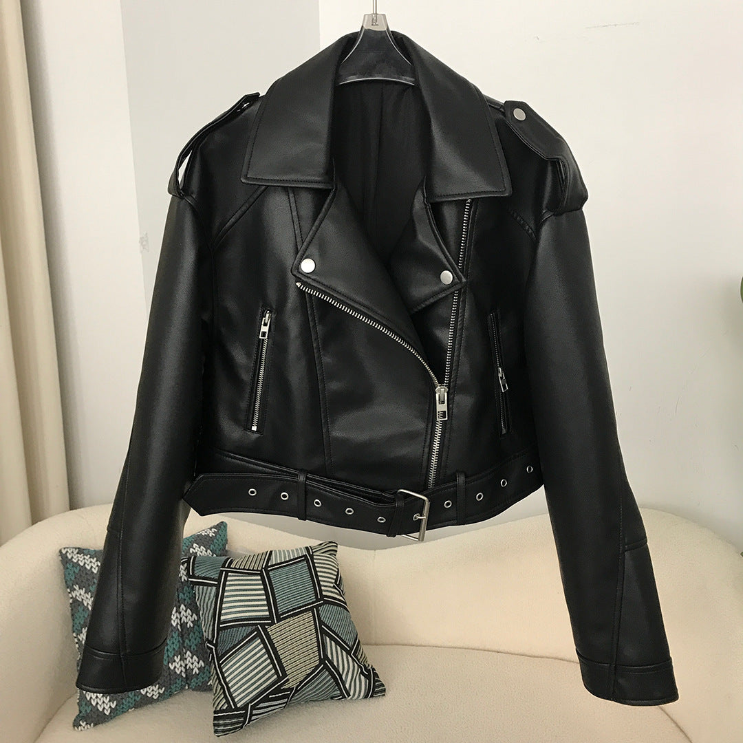 Women's Spring And Autumn Lapel Short Fashionable Casual Figure Flattering Leather Coat