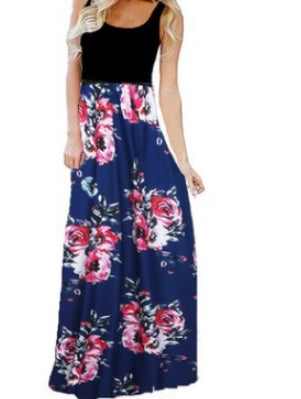 11 Color Sexy Sleeveless Round Neck Printed Patchwork Dress For Women