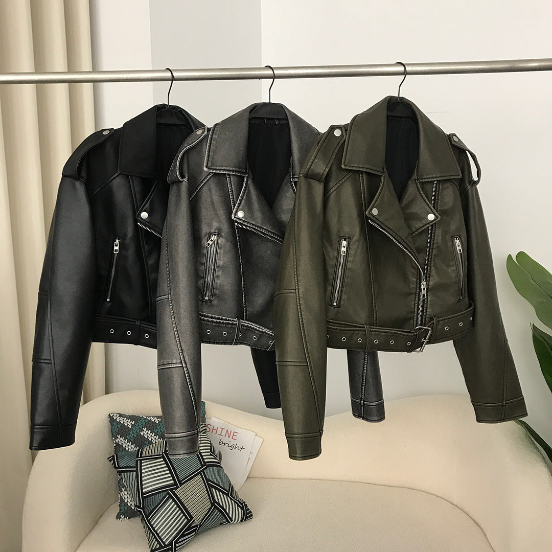 Women's Spring And Autumn Lapel Short Fashionable Casual Figure Flattering Leather Coat
