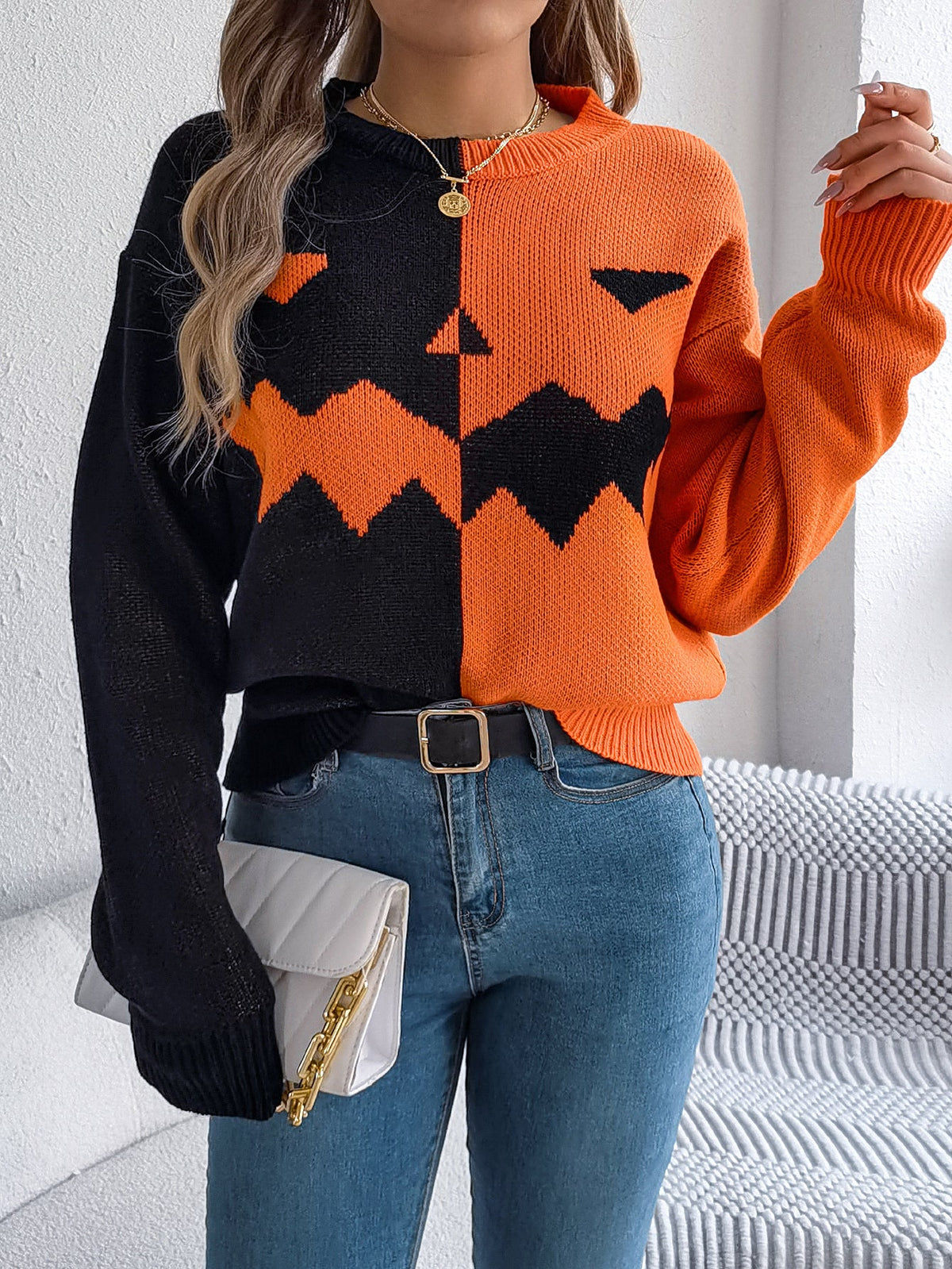 Women Ghost Pumpkin Color Block Long Sleeve Pullover Sweater
