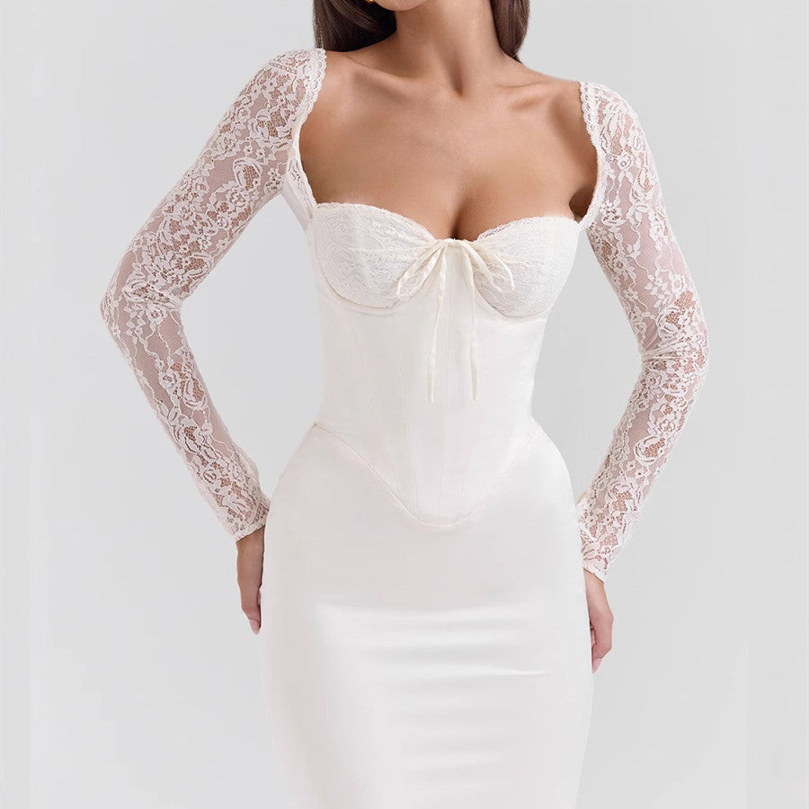 Women's White Long Sleeve Lace Long Patchwork Dress