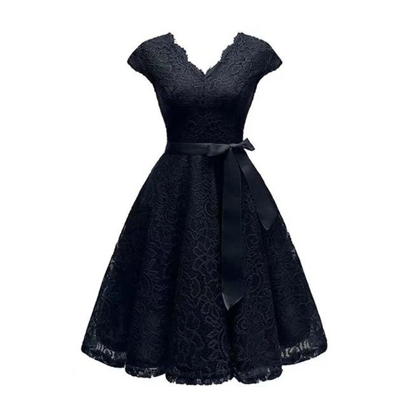 V-neck Patchwork Lace-up Wide Hem Lace Dress