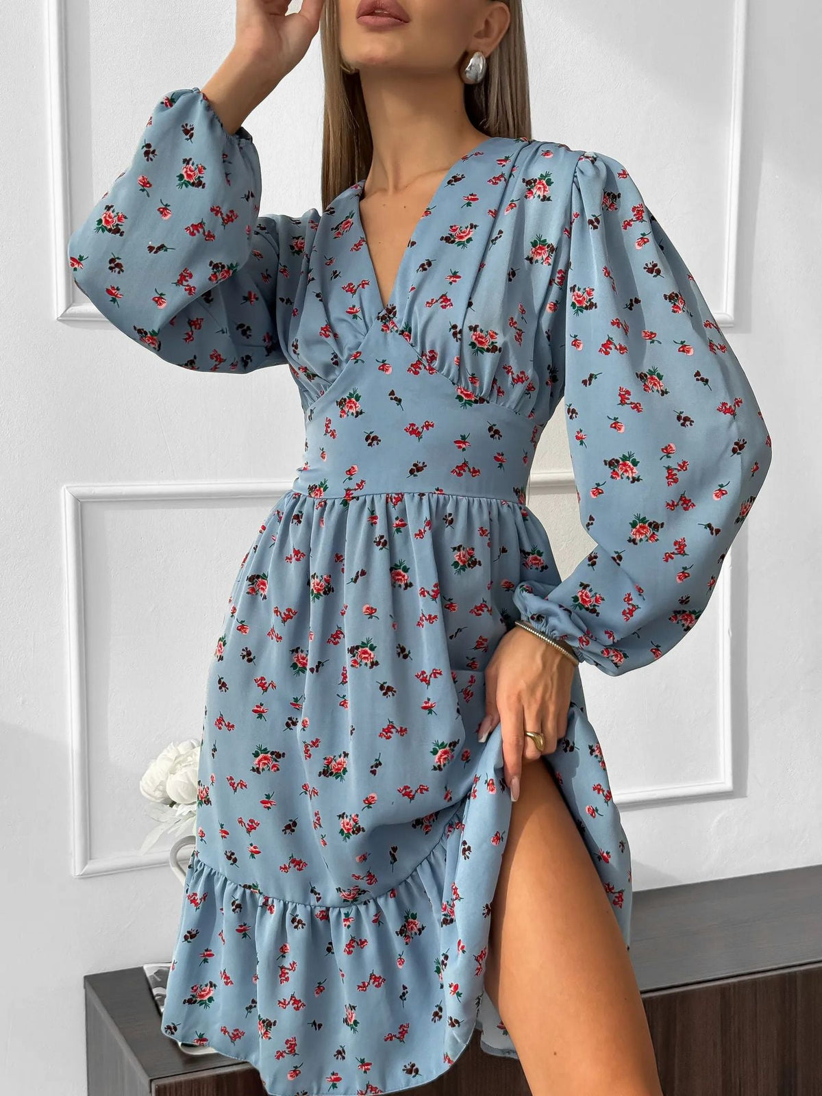 Printed Crimp V-neck Long Dress Women