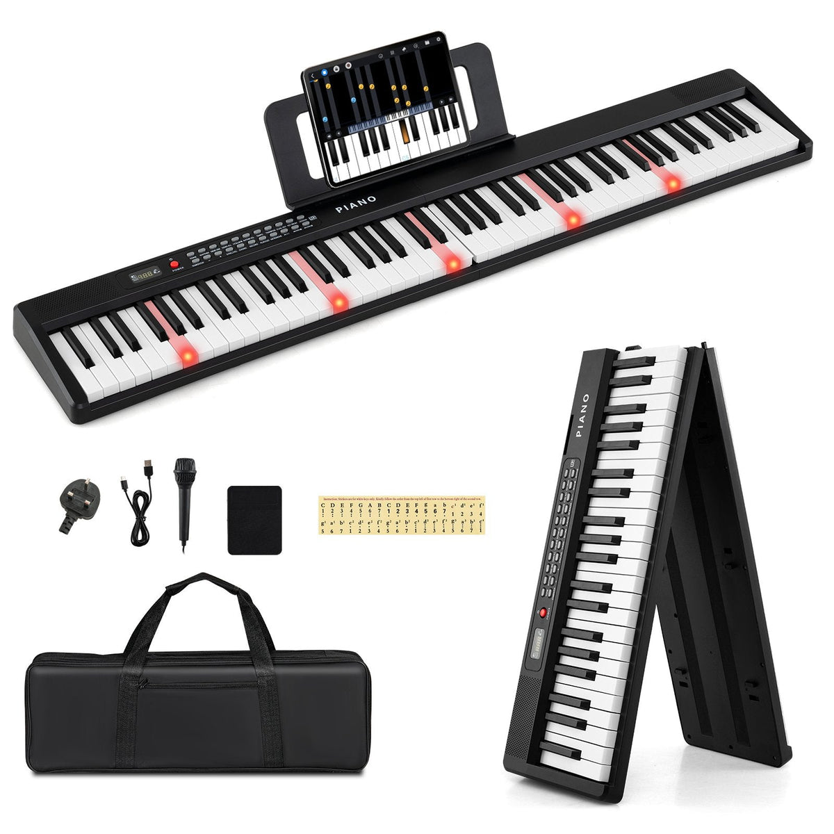 88 Key Foldable Piano Keyboard with MIDI Wireless Connection and Microphone-Black