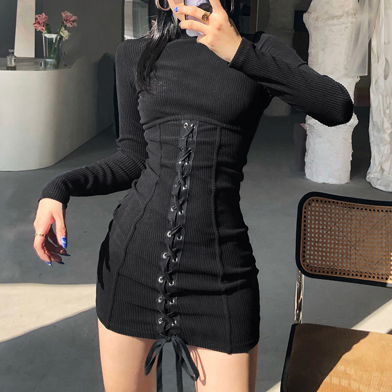 Half High Neck Patchwork Cross Tie Up Dress