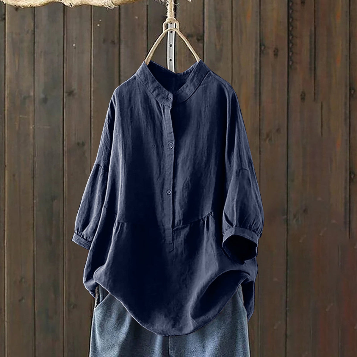 Mandarin-collar Single-breasted Traditional-style Solid-color Long-sleeve Pullover Shirt