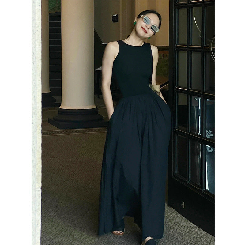 Black And White Two-color Casual Round Neck Stitch Stitching Vest Dress