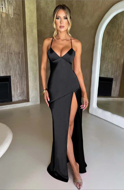 V-neck Satin Slit Backless Long Dress