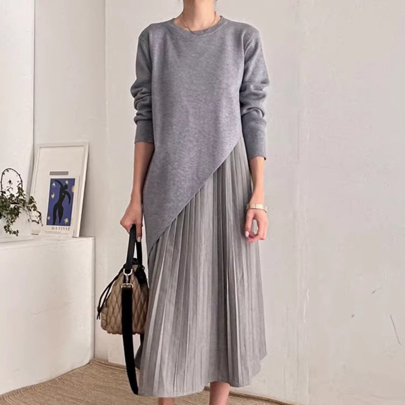 Autumn Elegance Retro Round Neck Irregular Design Loose Casual Patchwork Pleated Dress Women