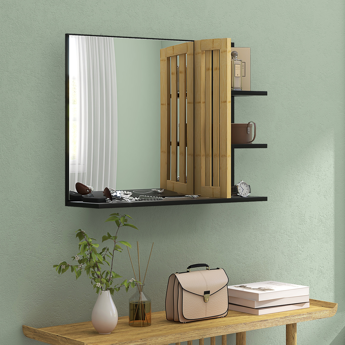 HOMCOM Bathroom Mirror Wall Mount Vanity Mirror with 4 Storage Shelves, Black
