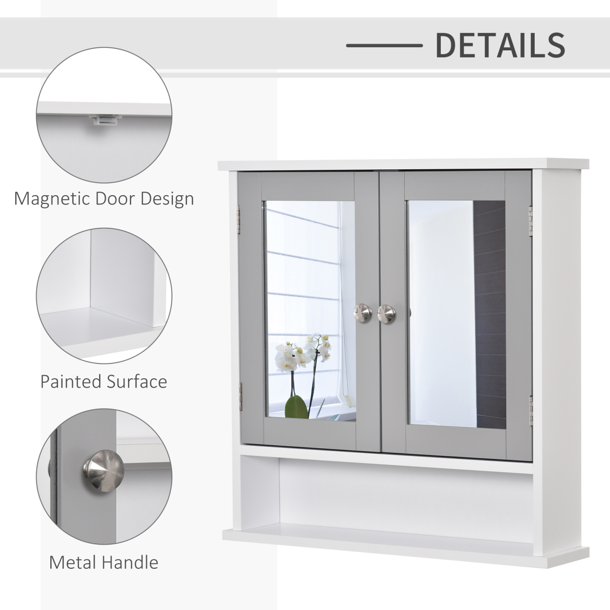 Mirror Cabinet Wall Mounted with Double Mirrored Doors, Hanging Cabinet, Grey