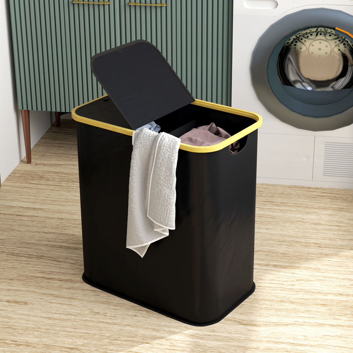HOMCOM 80L Collapsible Laundry Hamper, Washing Basket for Bathroom, Black