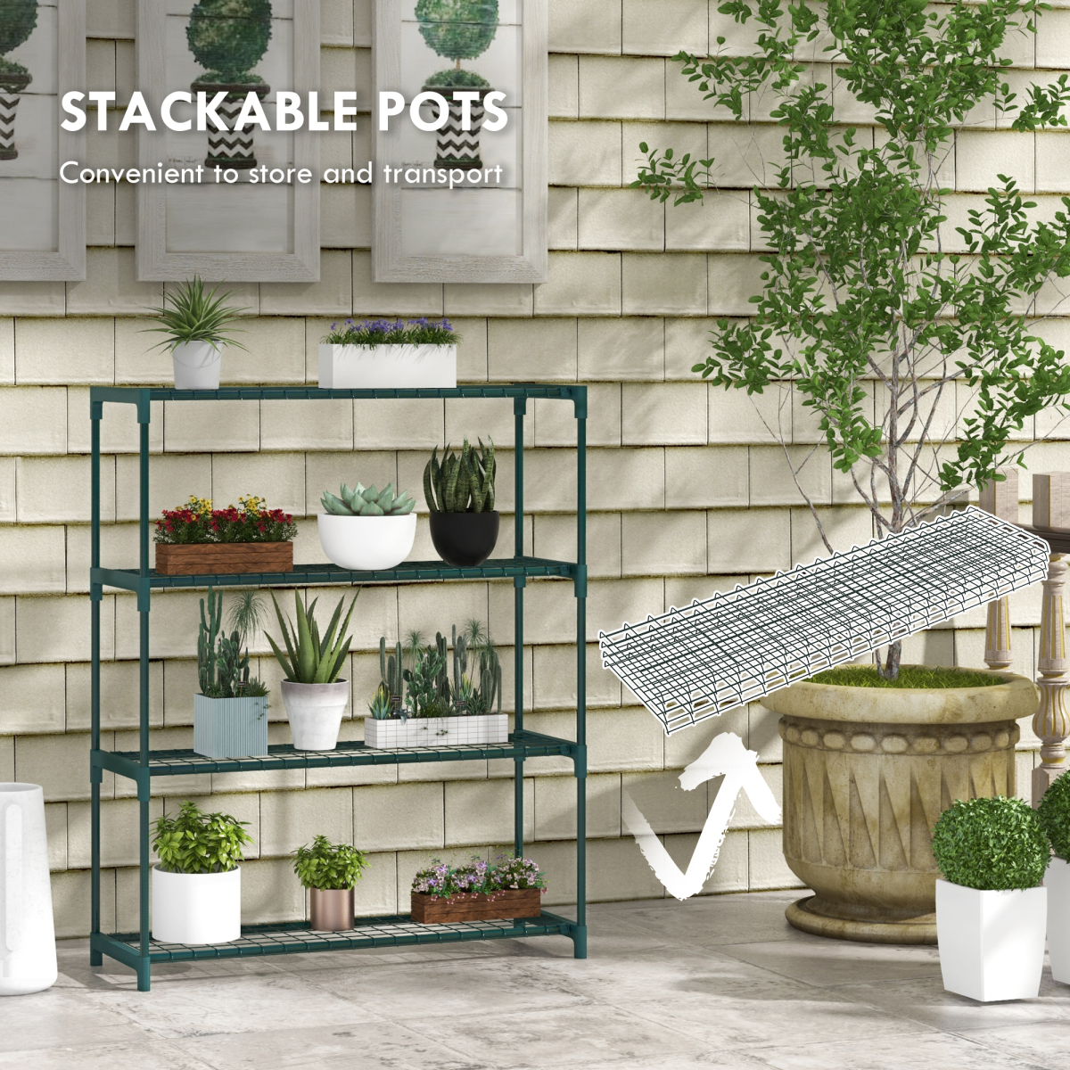 Outsunny Plant Stand, 4-Tier Planter Holder Flower Display Rack, Dark Green