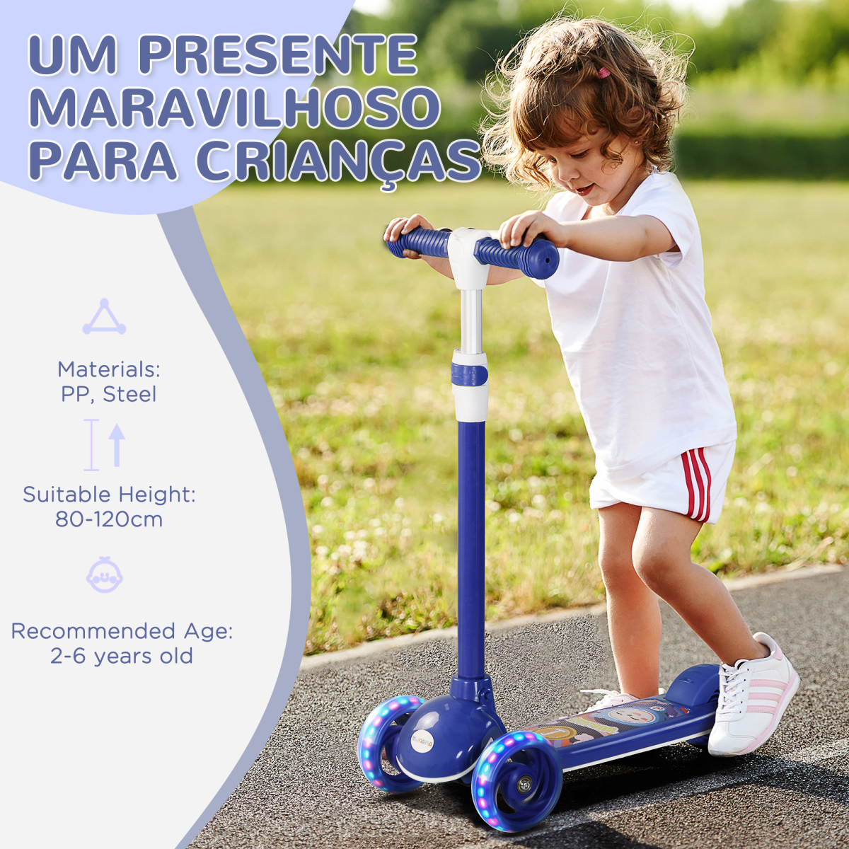 AIYAPLAY Kids 3 Wheel Scooter for 2-6 Years Old w/ Adjustable Height, Blue