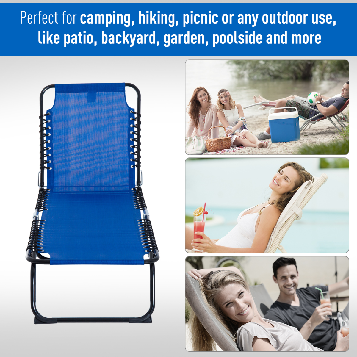 Outsunny Folding Sun Lounger, 3 Positions-Blue