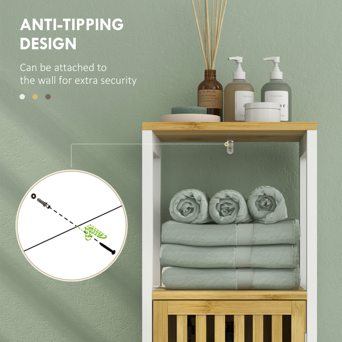 HOMCOM Bathroom Floor Cabinet Bamboo Bathroom Cupboard with Adjustable Shelf