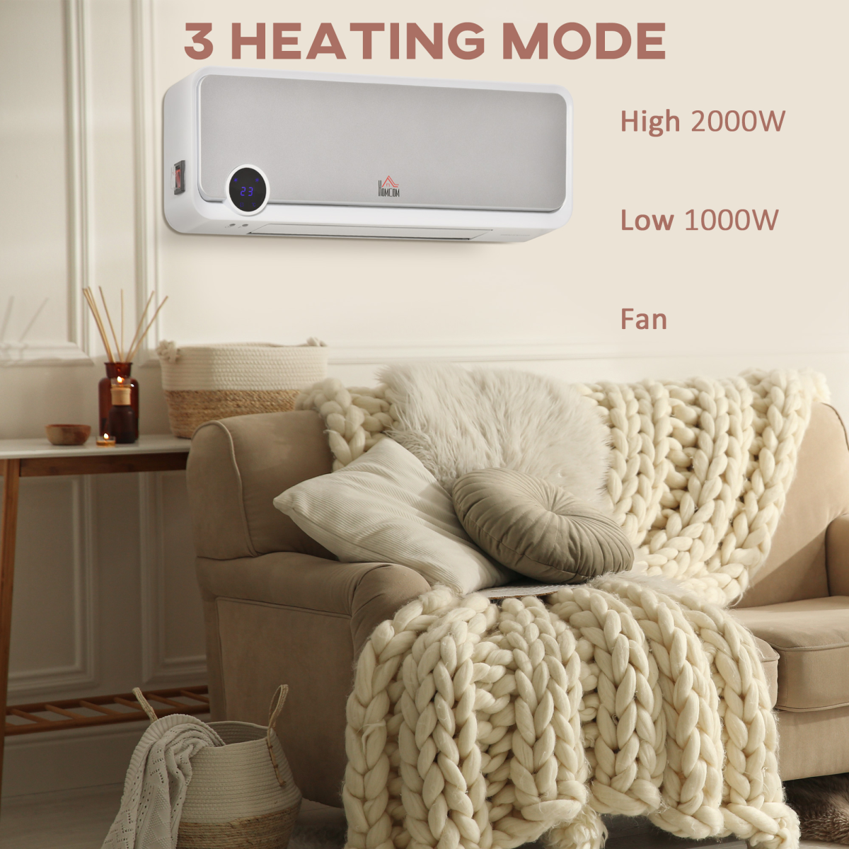 Wall Mounted Downflow Ceramic Heater with 12h  Timer, Remote