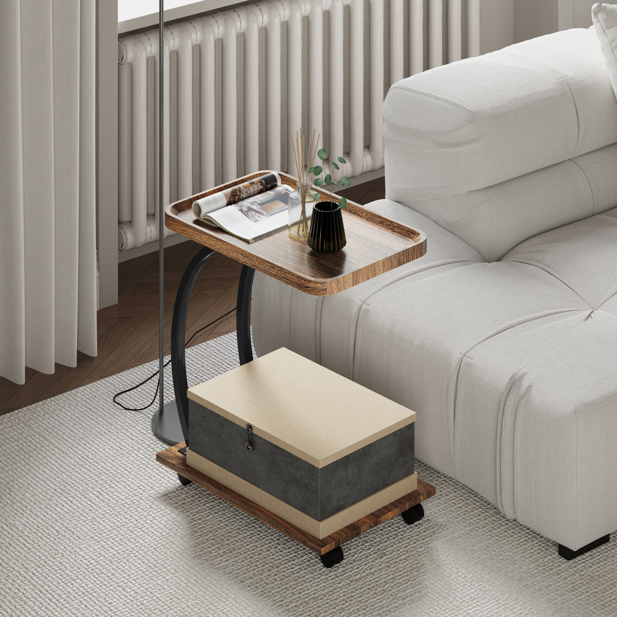 HOMCOM C Shaped Side Table with Storage & Wheels for Living Room, Brown