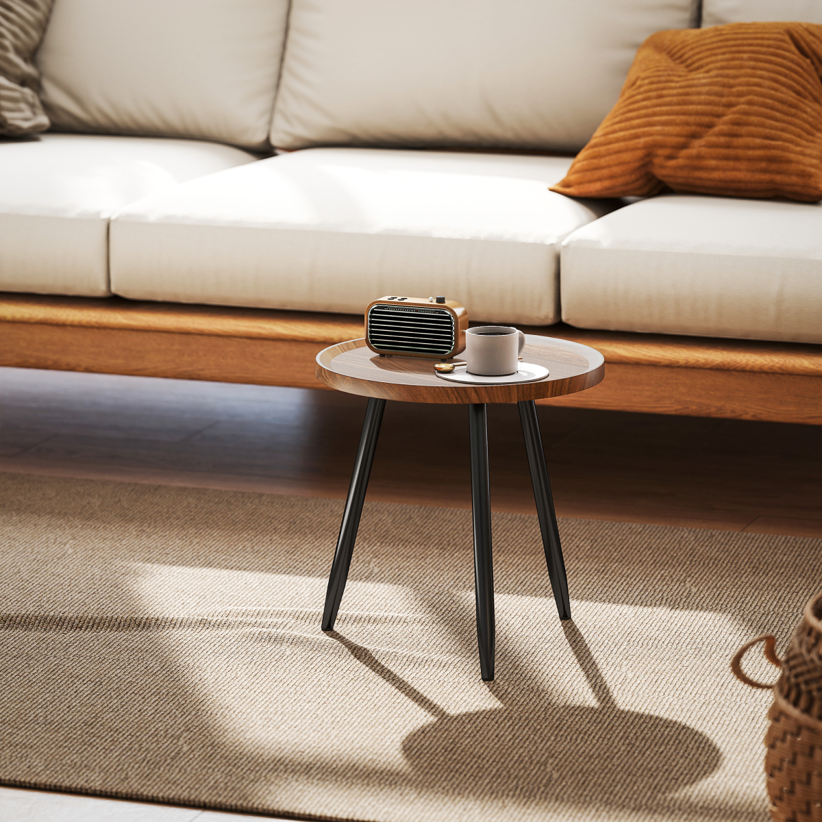 HOMCOM Modern End Side Table, Round Coffee Table, Chestnut Wood Effect