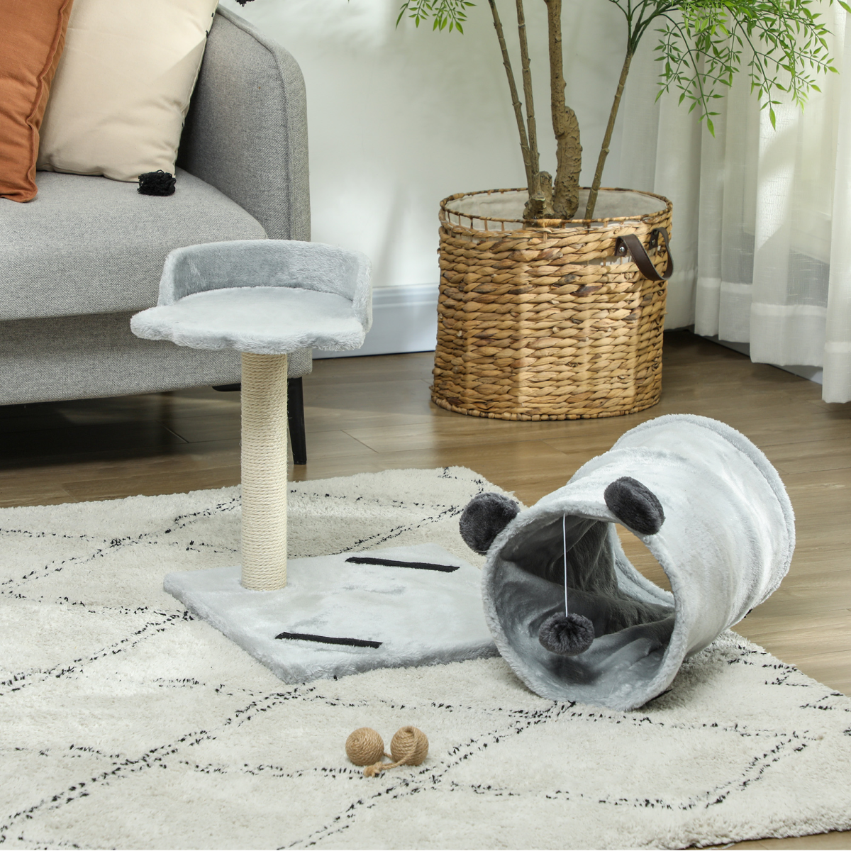 PawHut Cat Tree w/ Scratching Post, Bed, Cat Tunnel, Toy Ball, Grey