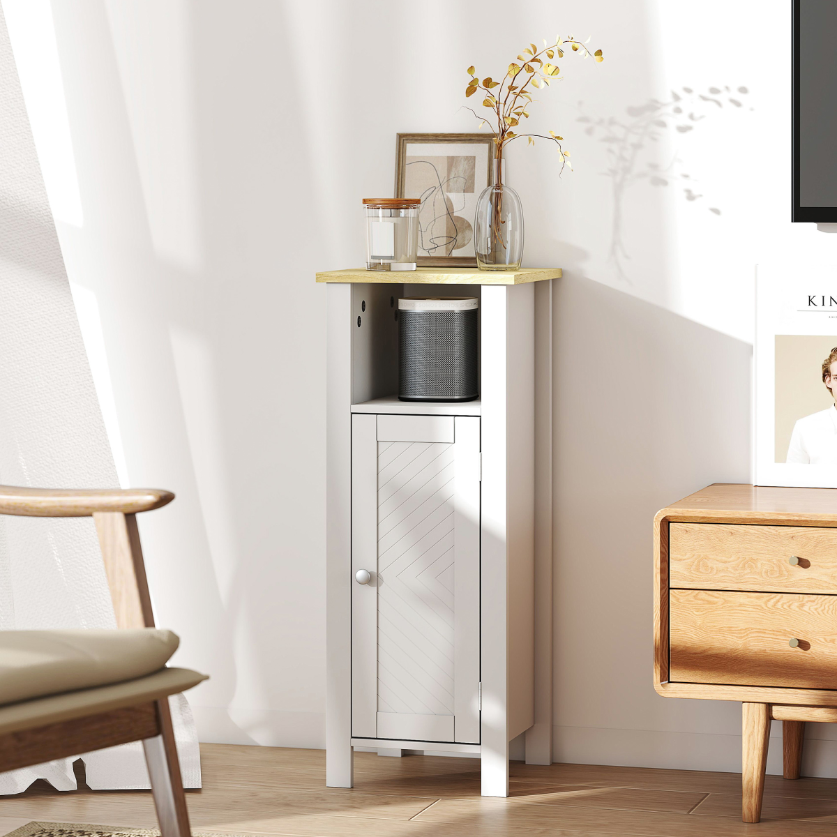 kleankin Narrow Bathroom Storage Cabinet with Open Shelf, White