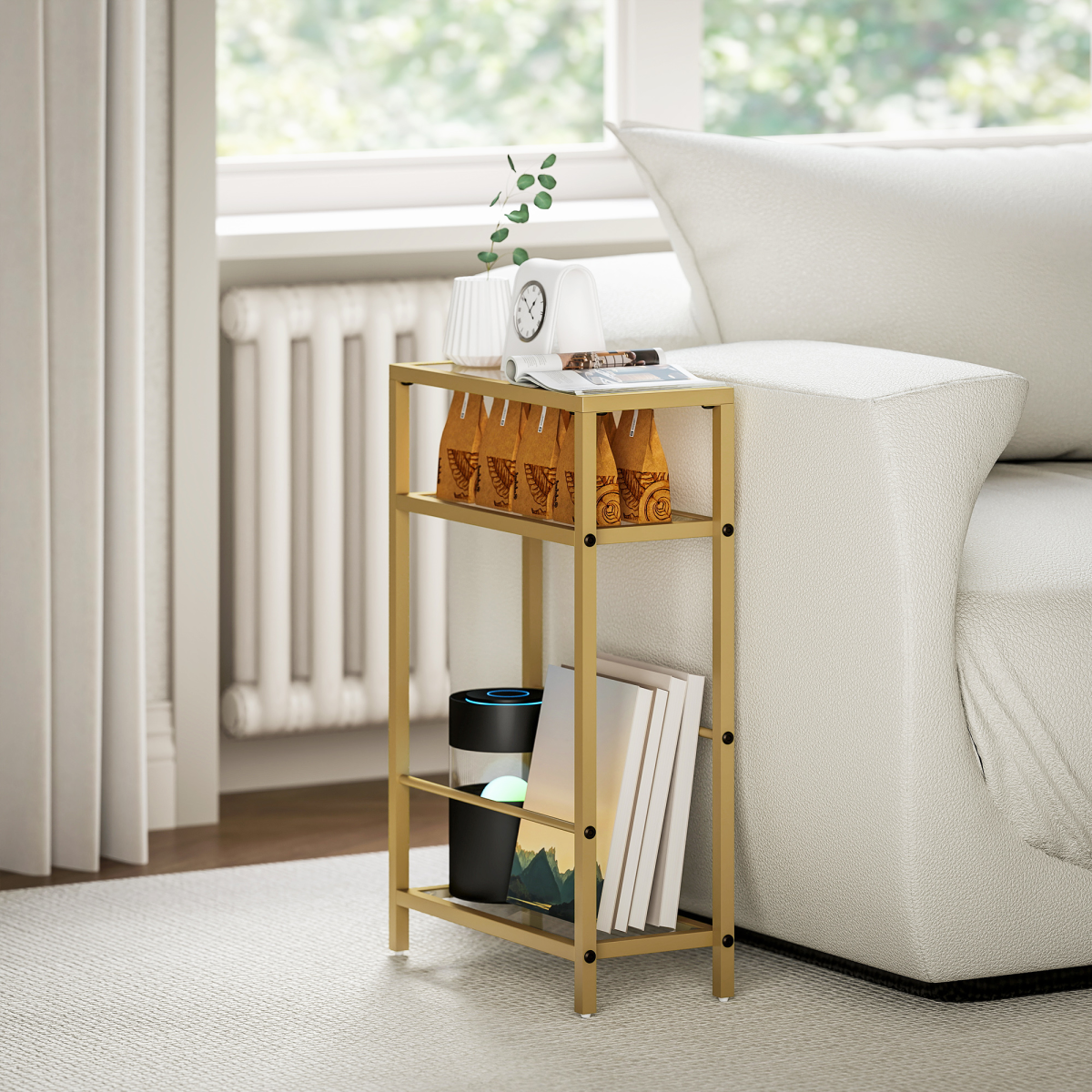 HOMCOM Slim Side Table, End Table with Tempered Glass Tabletop, Gold