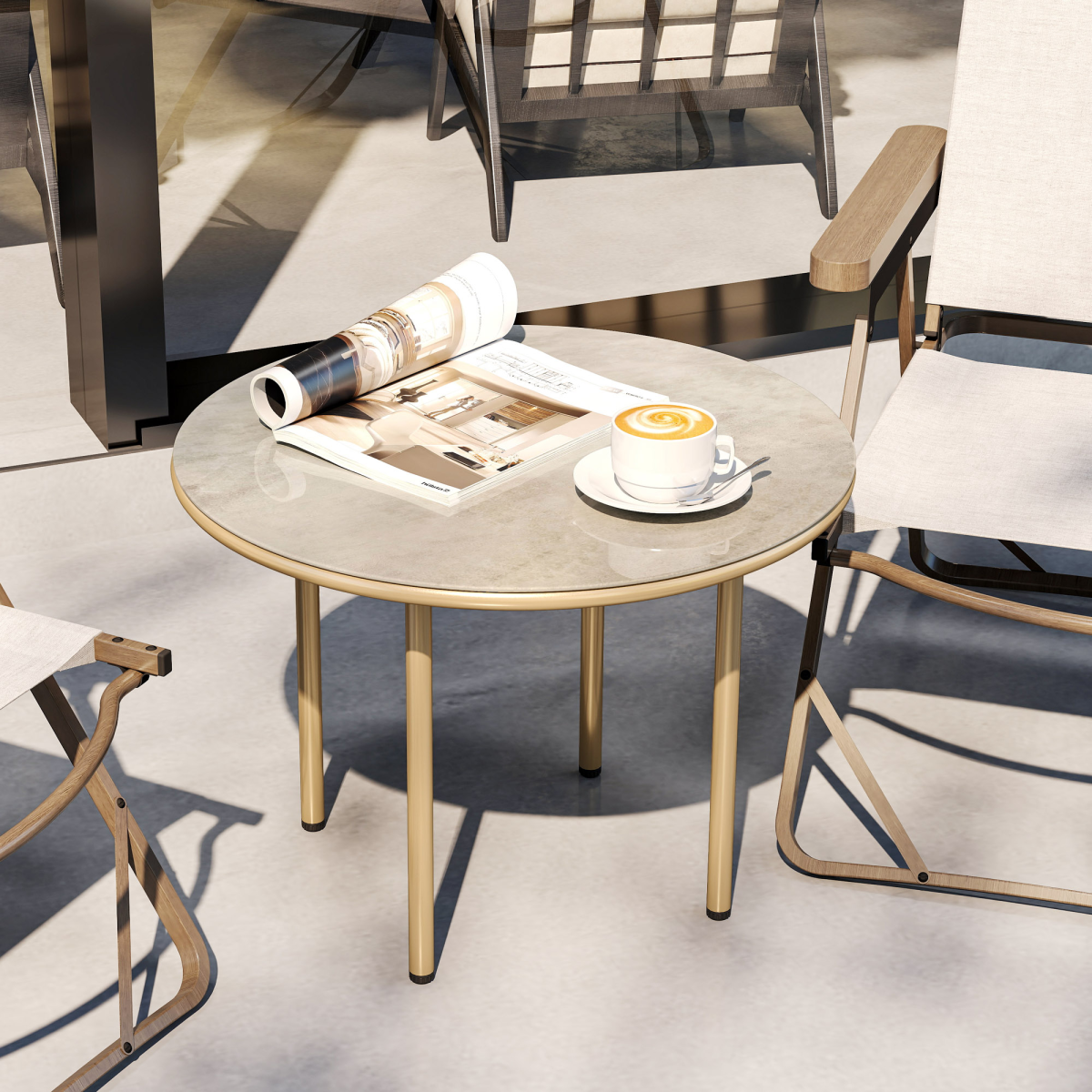 Outsunny Round Small Garden Table with Faux Marble Glass Top, Beige