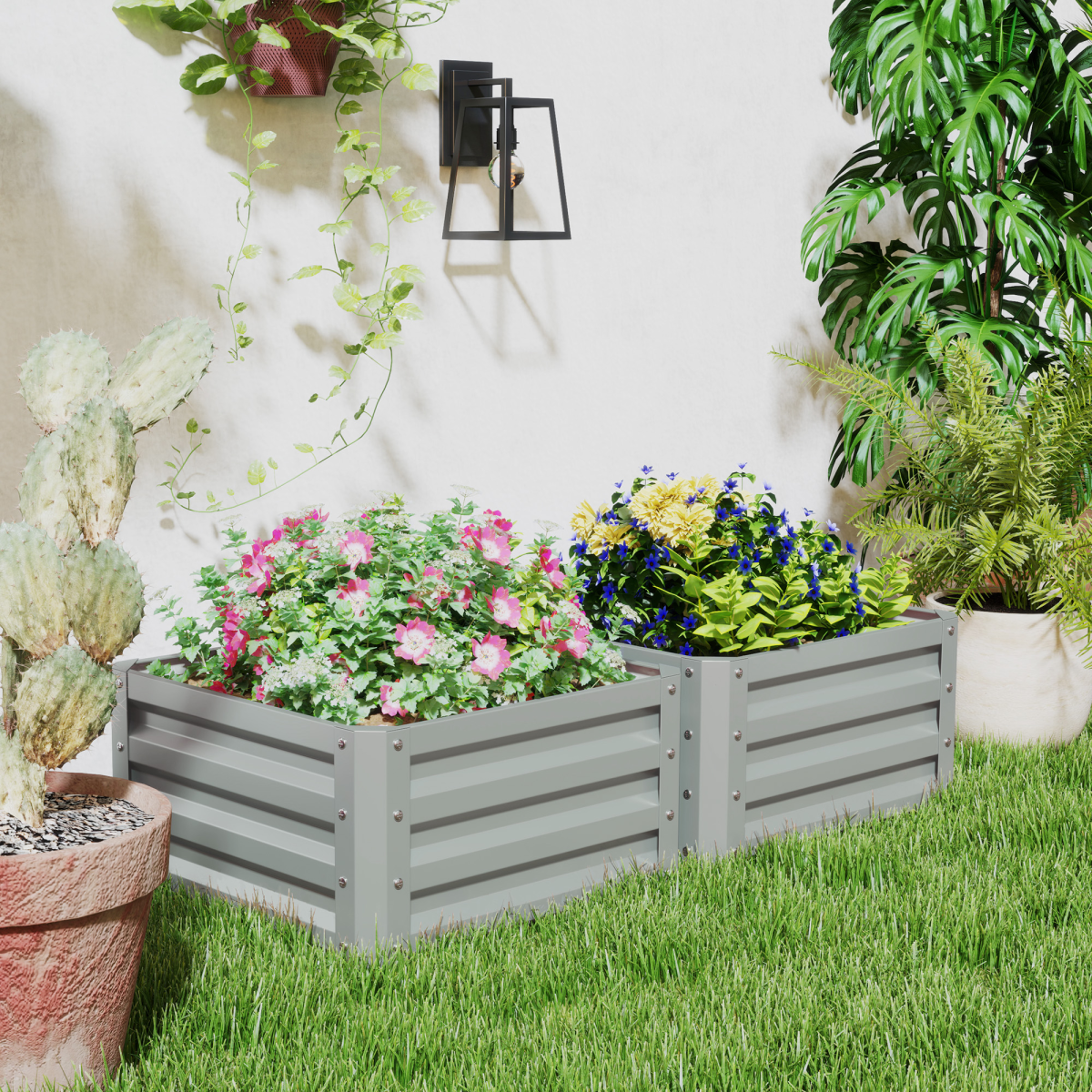 Outsunny Set of 2 Raised Garden Bed Galvanised Planter Box, Light Grey