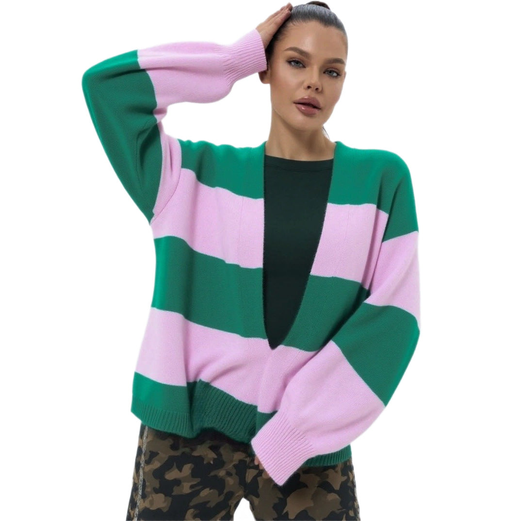 European And American Style Contrast Color Striped Cardigan Women's Loose Long Sleeve Sweater Coat