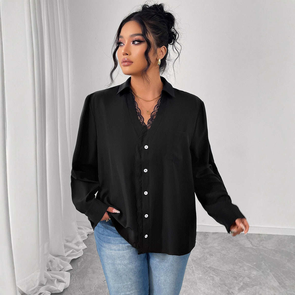 French Style Black Lace Shirt With Black Buttons