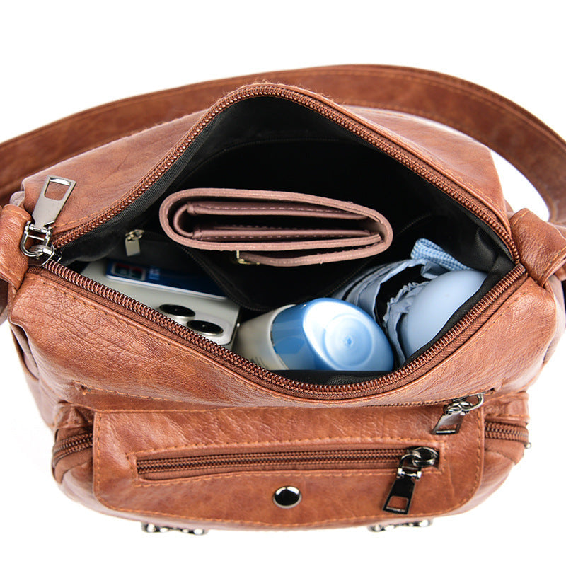 Crossbody Bag Soft Leather Textured Retro Large Capacity Middle-aged