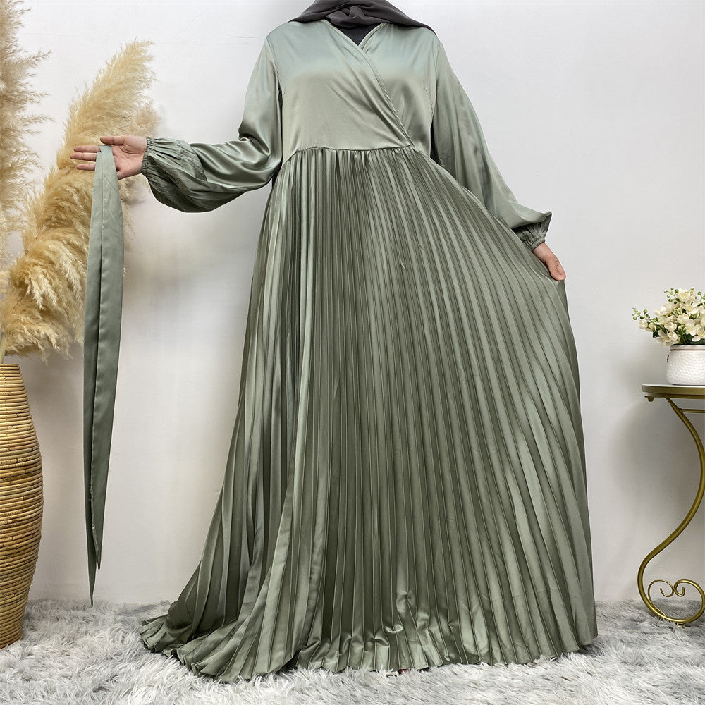 Fashionable V-neck Patchwork Pleated Large Hem Dress